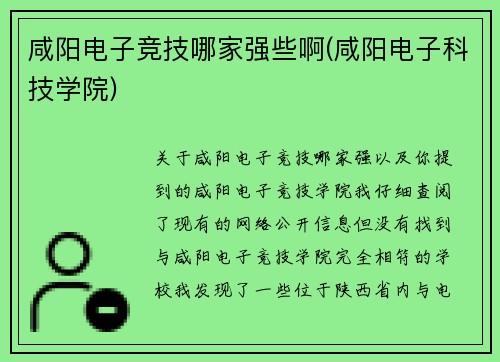 咸阳电子竞技哪家强些啊(咸阳电子科技学院)